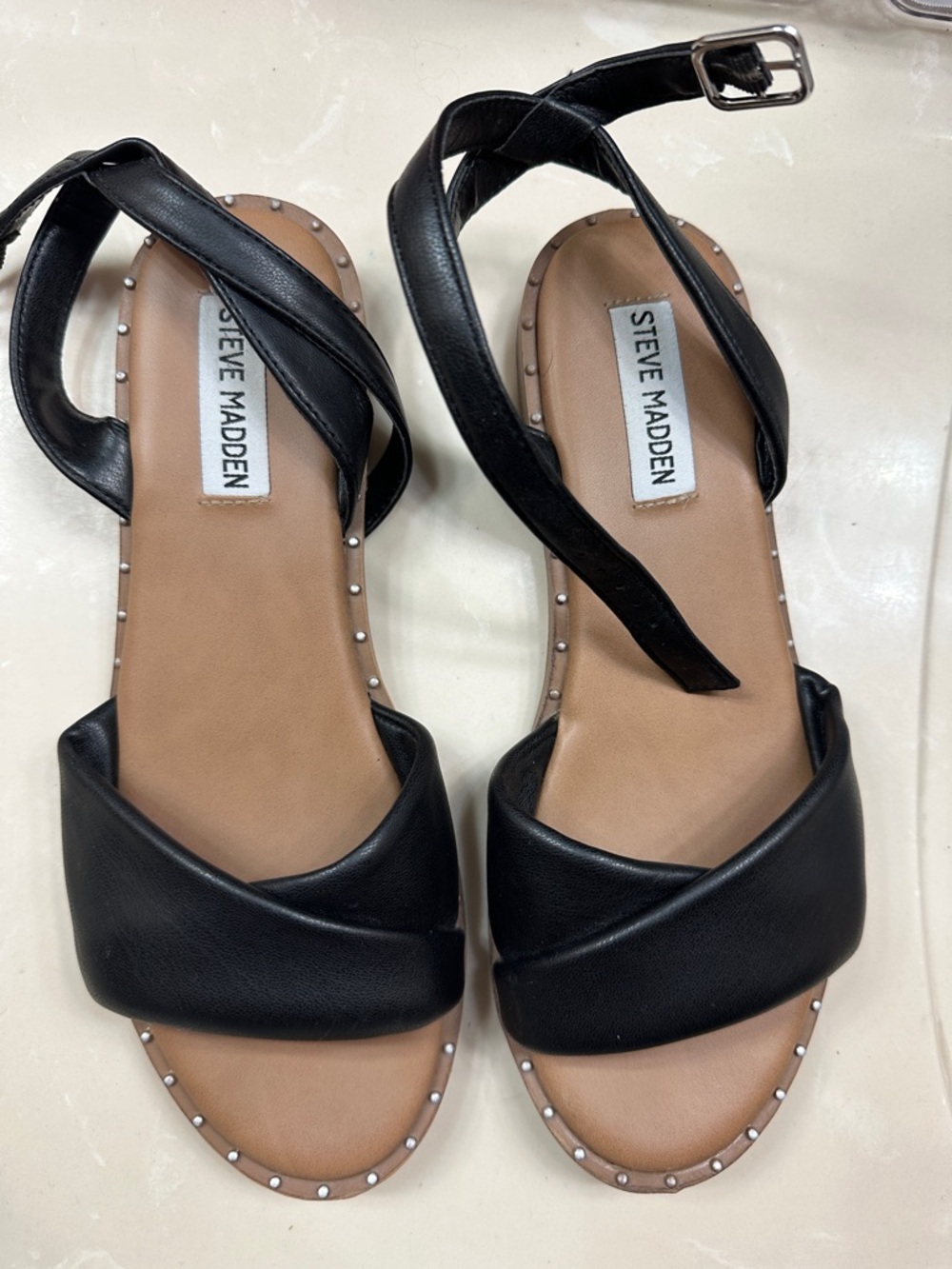 Steve Madden Black Leather Crisscross Ankle-Strap Sandals with Silver Studs